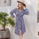 Blue Large Collar Neck Button Down Belted Bishop Sleeve Midi Floral Print Dress