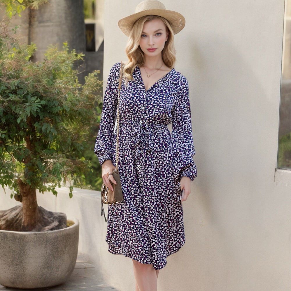 Collar Neck Button Down Belted Bishop Sleeve Midi Floral Print Dress