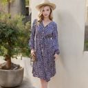 Blue Large Collar Neck Button Down Belted Bishop Sleeve Midi Floral Print Dress