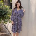 Blue Large Collar Neck Button Down Belted Bishop Sleeve Midi Floral Print Dress