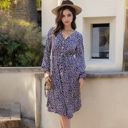 Blue Large Collar Neck Button Down Belted Bishop Sleeve Midi Floral Print Dress