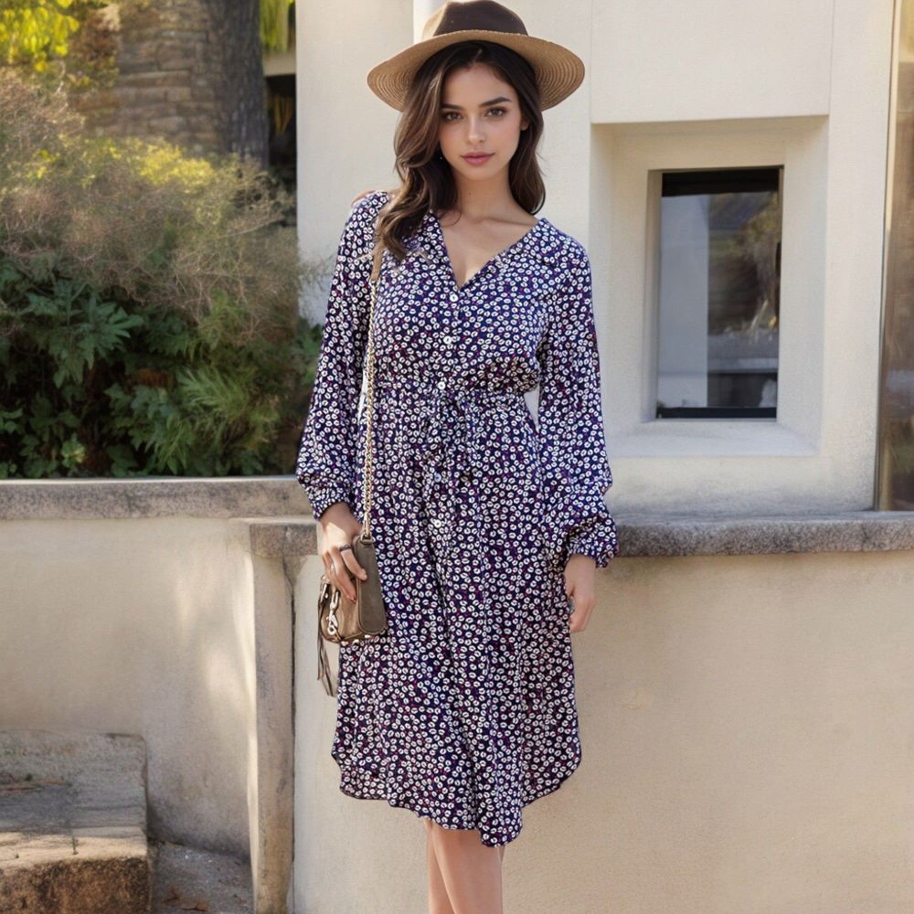 Collar Neck Button Down Belted Bishop Sleeve Midi Floral Print Dress