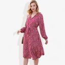 Red Large Collar Neck Button Down Belted Bishop Sleeve Midi Floral Print Dress