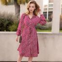 Red Large Collar Neck Button Down Belted Bishop Sleeve Midi Floral Print Dress