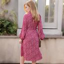 Red Large Collar Neck Button Down Belted Bishop Sleeve Midi Floral Print Dress