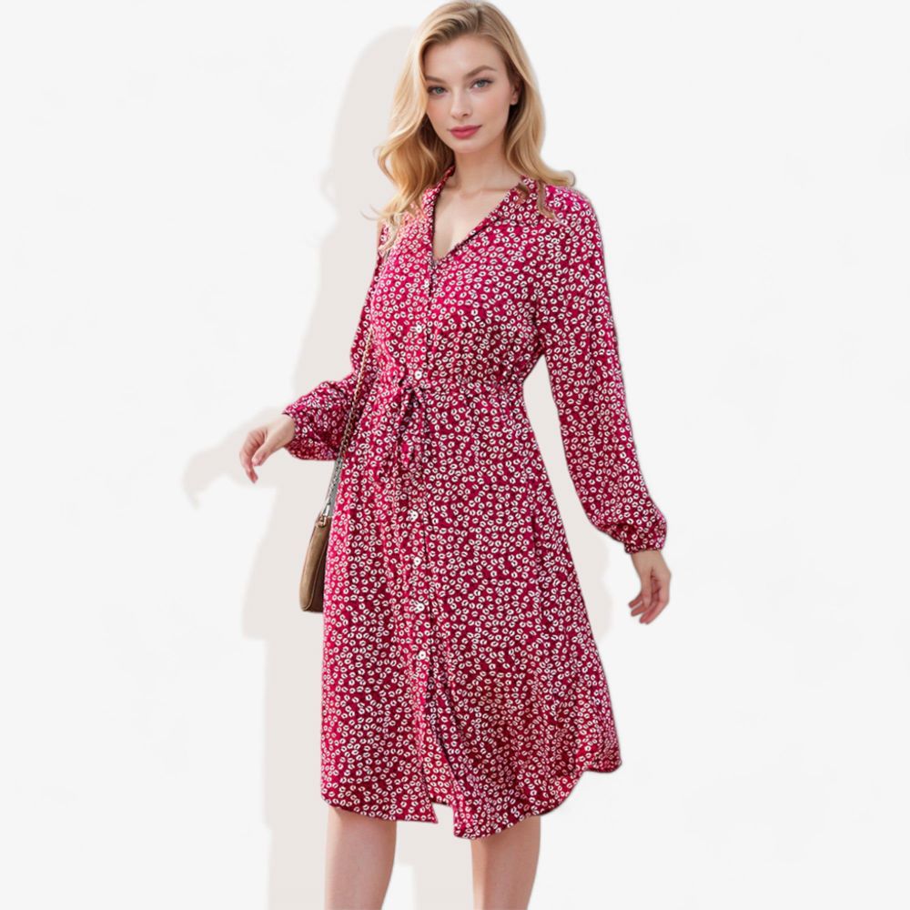 Collar Neck Button Down Belted Bishop Sleeve Midi Floral Print Dress