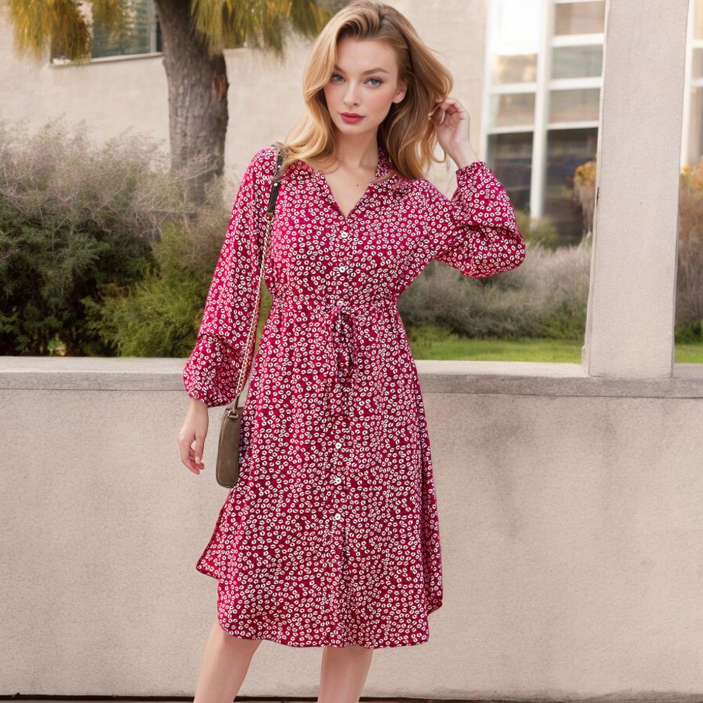 Collar Neck Button Down Belted Bishop Sleeve Midi Floral Print Dress