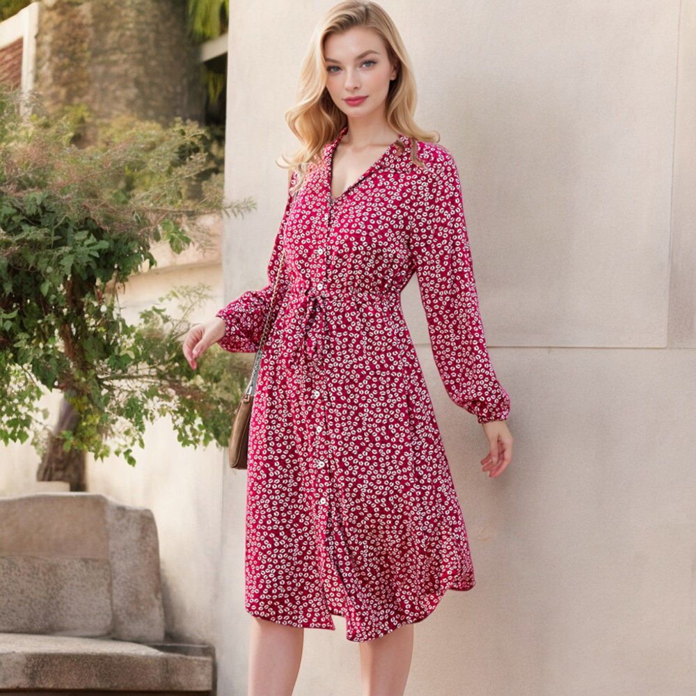 Collar Neck Button Down Belted Bishop Sleeve Midi Floral Print Dress