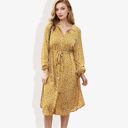 Yellow Large Collar Neck Button Down Belted Bishop Sleeve Midi Floral Print Dress