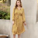 Yellow Large Collar Neck Button Down Belted Bishop Sleeve Midi Floral Print Dress