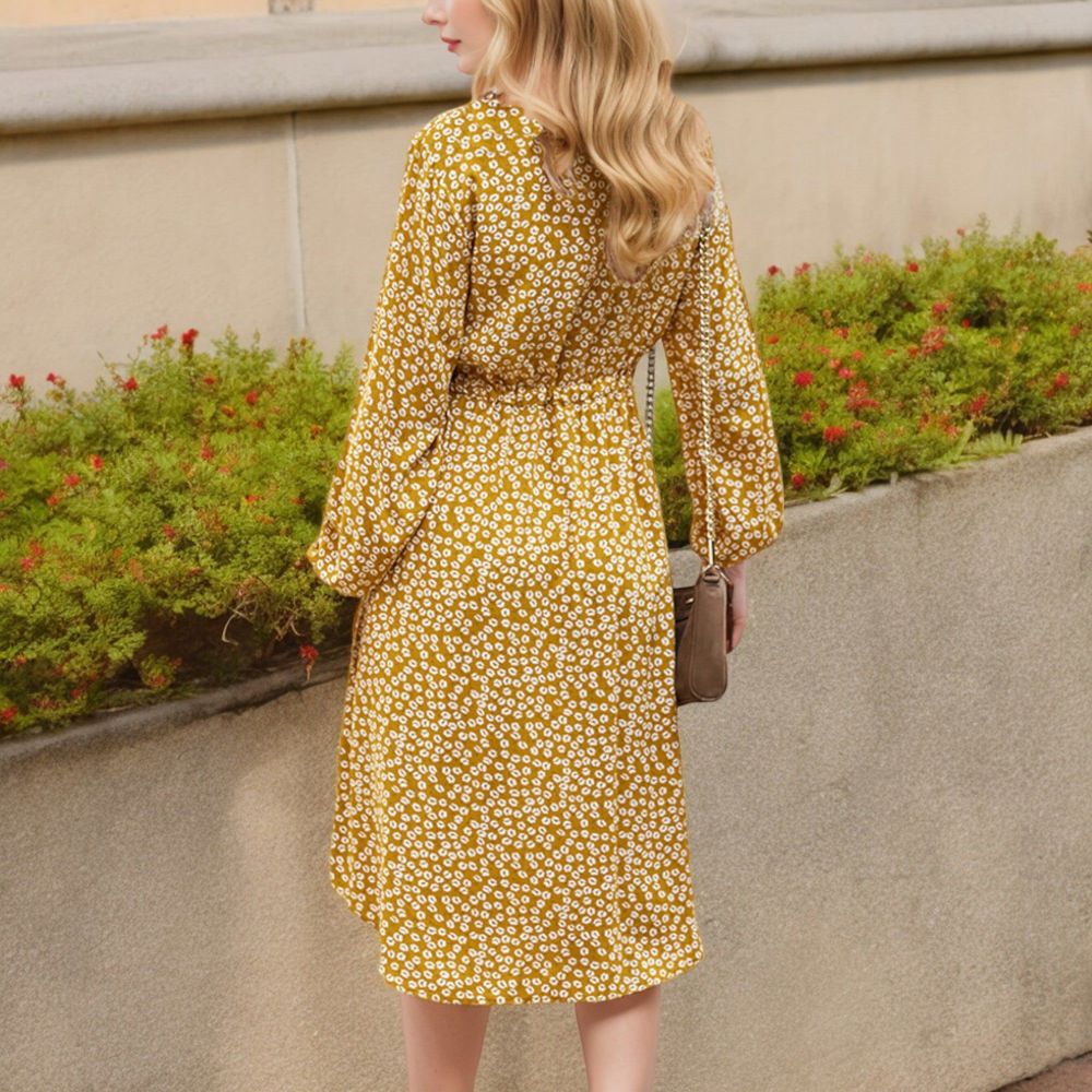 Collar Neck Button Down Belted Bishop Sleeve Midi Floral Print Dress