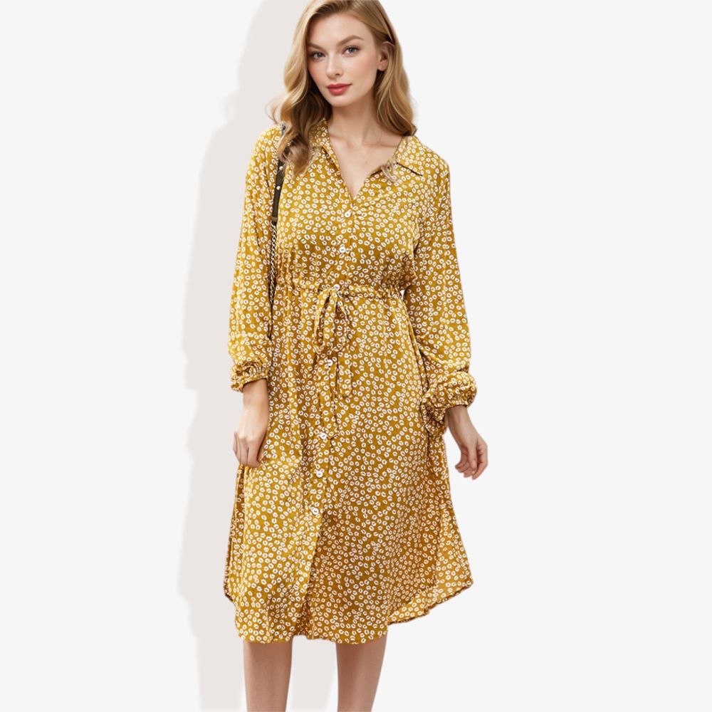 Collar Neck Button Down Belted Bishop Sleeve Midi Floral Print Dress