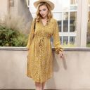 Yellow Medium Collar Neck Button Down Belted Bishop Sleeve Midi Floral Print Dress