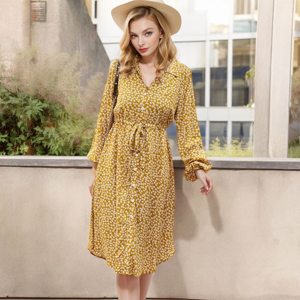 Collar Neck Button Down Belted Bishop Sleeve Midi Floral Print Dress