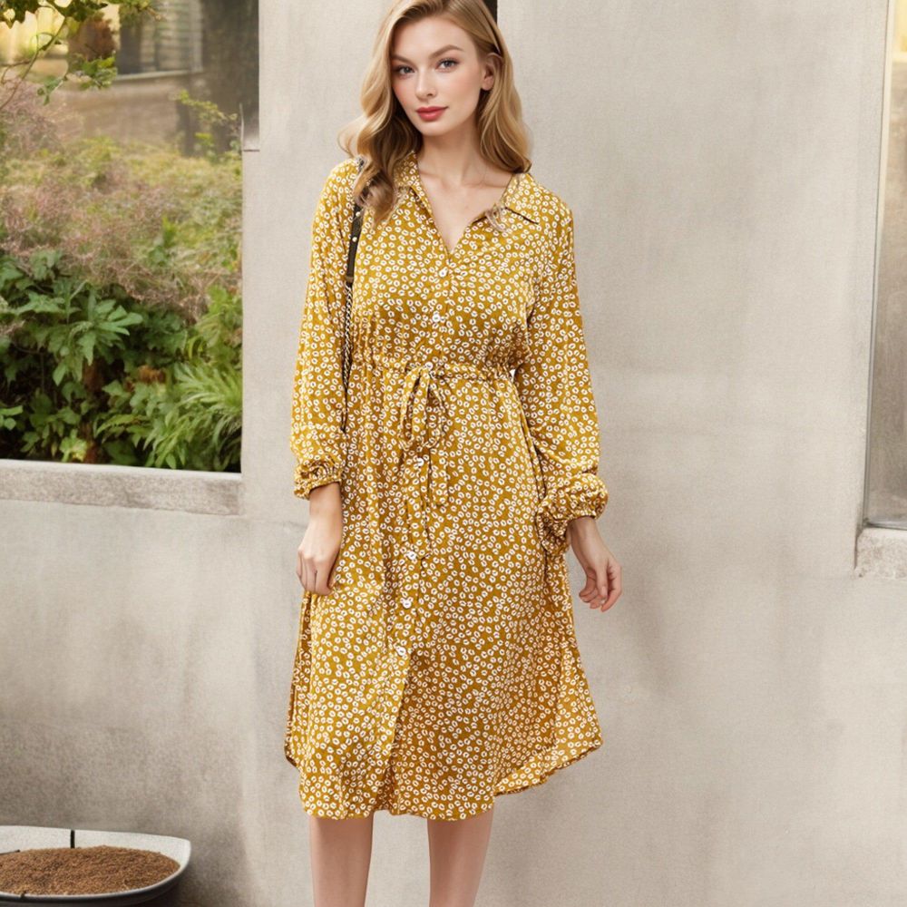 Collar Neck Button Down Belted Bishop Sleeve Midi Floral Print Dress