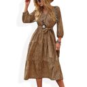 Brown Large Leopard Print Midi Dress with Tie Waist and V-Neckline