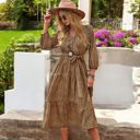 Brown Small Leopard Print Midi Dress with Tie Waist and V-Neckline