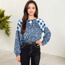  Mixed Print Long Sleeve Raglan Top with Plaid and Leopard Pattern