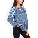 Blue Large Mixed Print Long Sleeve Raglan Top with Plaid and Leopard Pattern