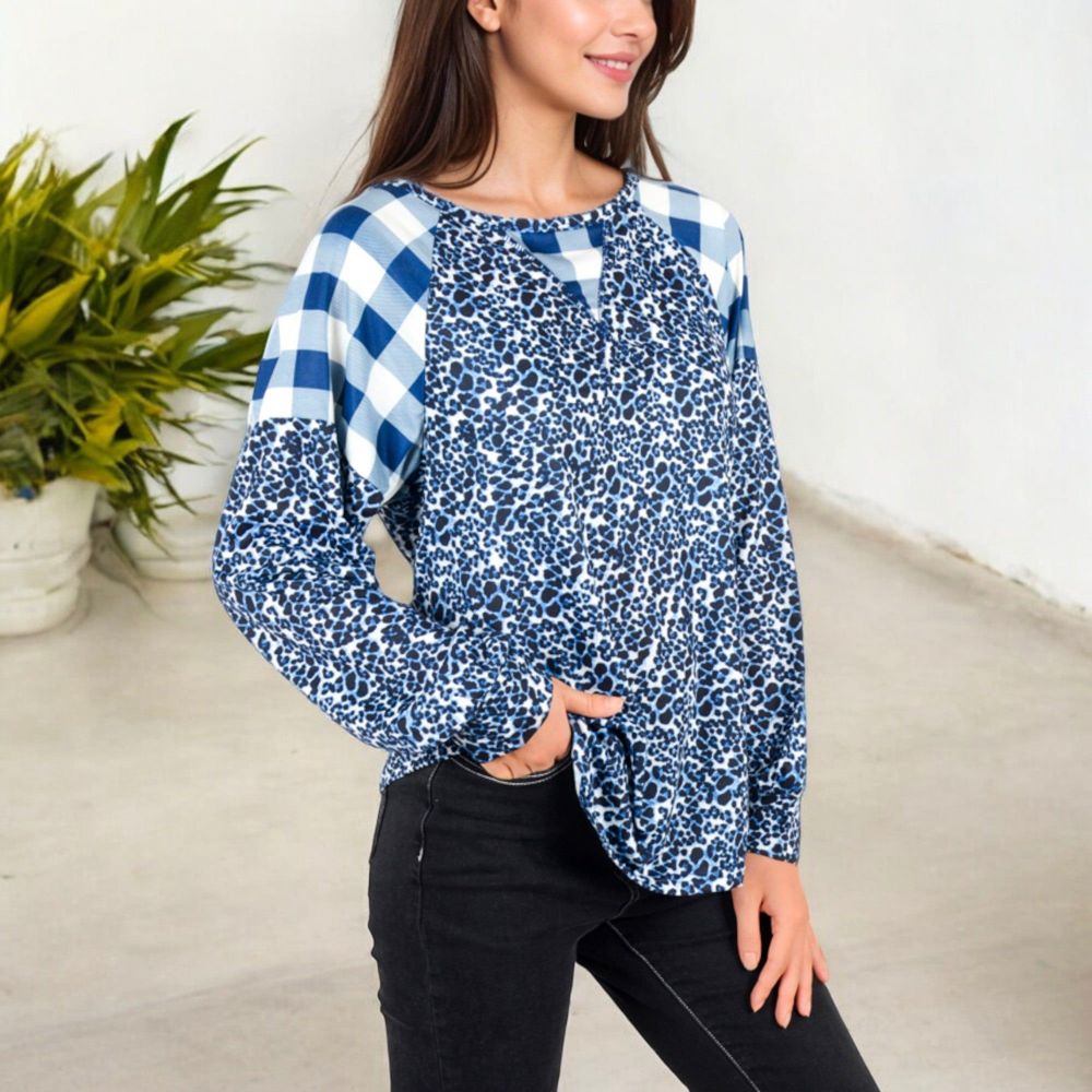 Mixed Print Long Sleeve Raglan Top with Plaid and Leopard Pattern