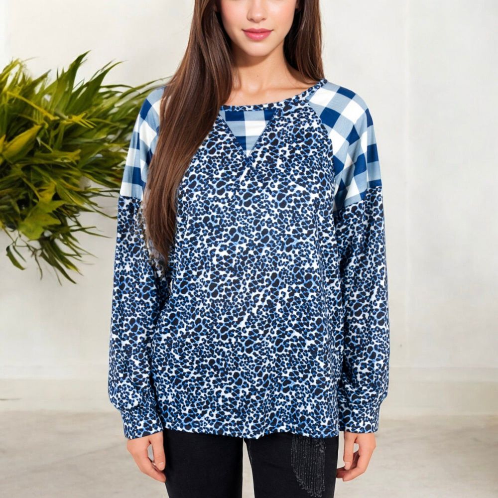 Mixed Print Long Sleeve Raglan Top with Plaid and Leopard Pattern