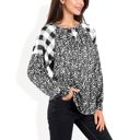 Gray Large Mixed Print Long Sleeve Raglan Top with Plaid and Leopard Pattern