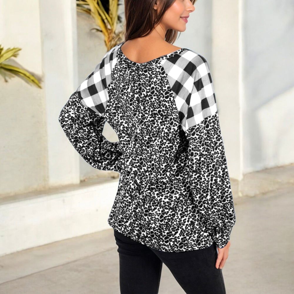 Mixed Print Long Sleeve Raglan Top with Plaid and Leopard Pattern