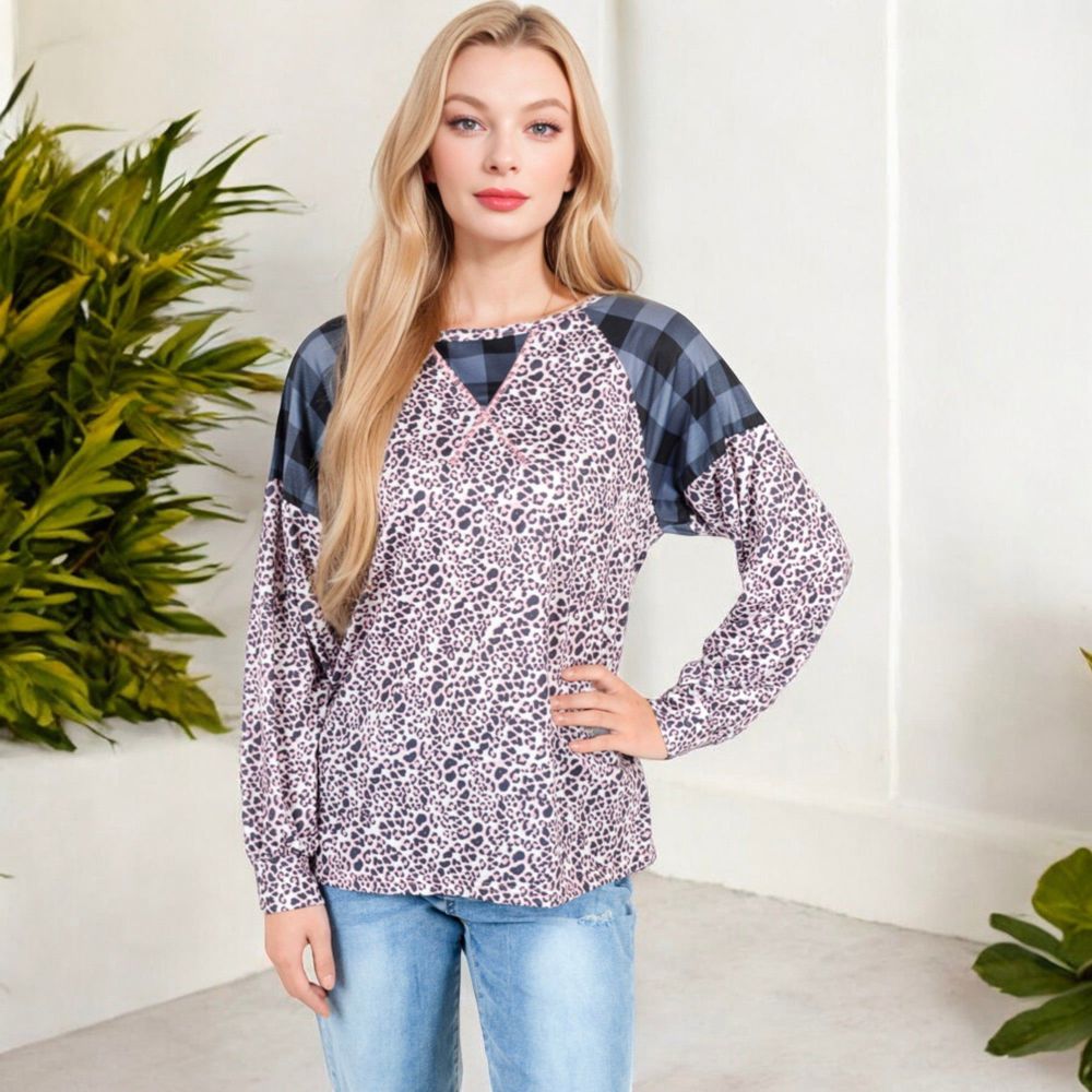 Mixed Print Long Sleeve Raglan Top with Plaid and Leopard Pattern