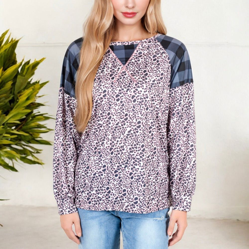 Mixed Print Long Sleeve Raglan Top with Plaid and Leopard Pattern