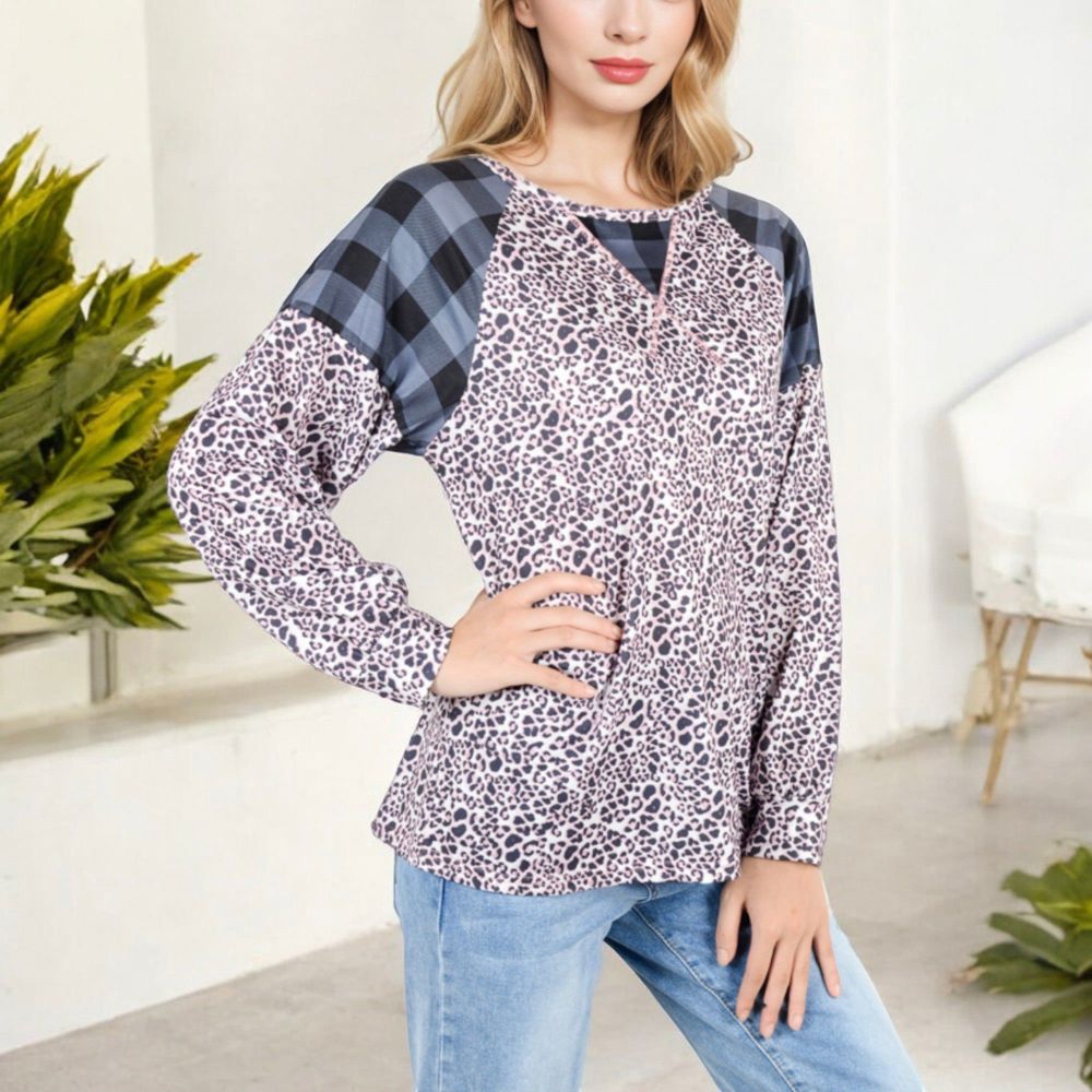 Mixed Print Long Sleeve Raglan Top with Plaid and Leopard Pattern