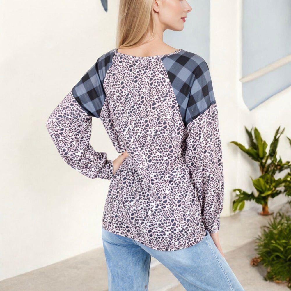 Mixed Print Long Sleeve Raglan Top with Plaid and Leopard Pattern