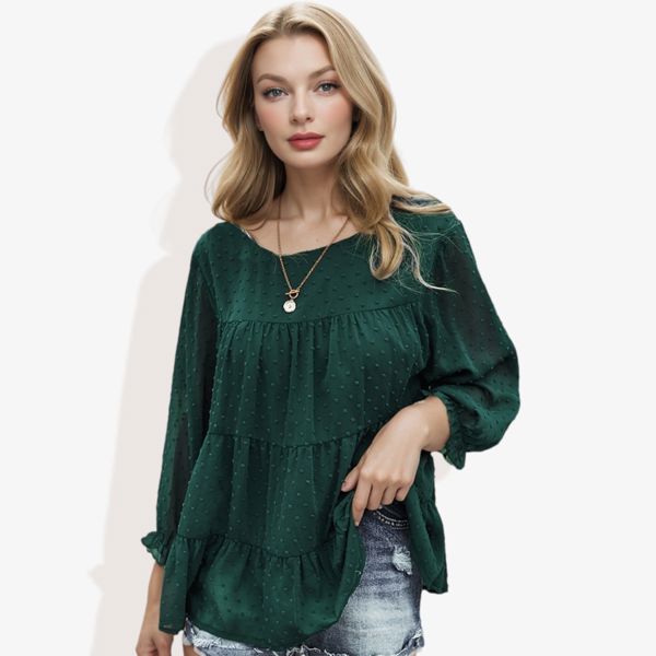 Long Sleeve Swiss Dot Peplum Top with Sheer Sleeves and Tiered Ruffle Detail Casual Blouse