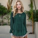  Long Sleeve Swiss Dot Peplum Top with Sheer Sleeves and Tiered Ruffle Detail Casual Blouse