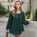  Long Sleeve Swiss Dot Peplum Top with Sheer Sleeves and Tiered Ruffle Detail Casual Blouse