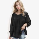 Black Large Long Sleeve Swiss Dot Peplum Top with Sheer Sleeves and Tiered Ruffle Detail Casual Blouse