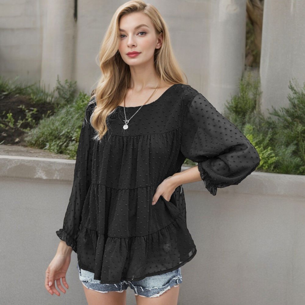 Long Sleeve Swiss Dot Peplum Top with Sheer Sleeves and Tiered Ruffle Detail Casual Blouse