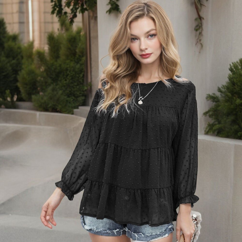 Long Sleeve Swiss Dot Peplum Top with Sheer Sleeves and Tiered Ruffle Detail Casual Blouse