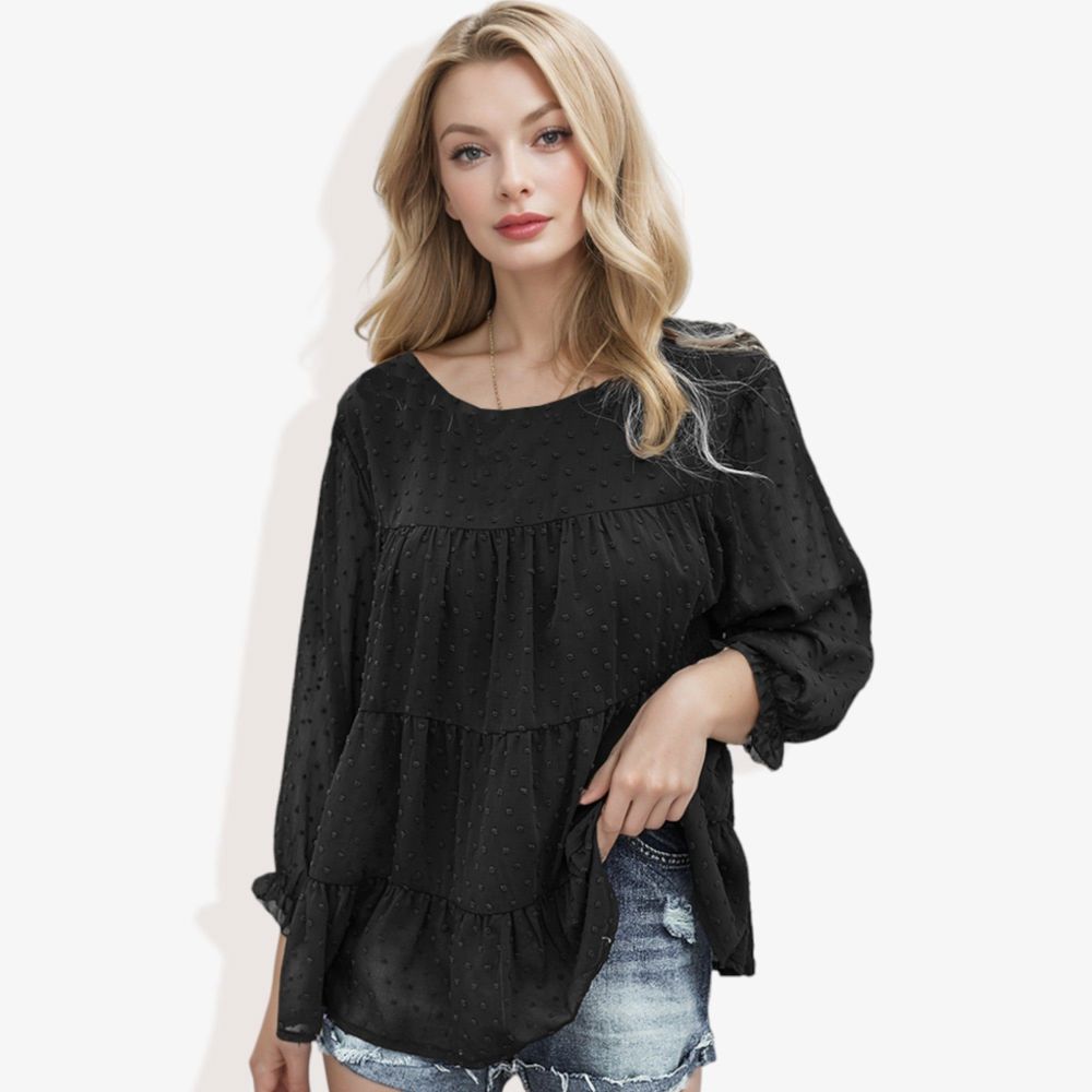 Long Sleeve Swiss Dot Peplum Top with Sheer Sleeves and Tiered Ruffle Detail Casual Blouse