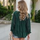 Green Large Long Sleeve Swiss Dot Peplum Top with Sheer Sleeves and Tiered Ruffle Detail Casual Blouse