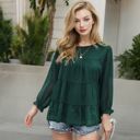 Green Large Long Sleeve Swiss Dot Peplum Top with Sheer Sleeves and Tiered Ruffle Detail Casual Blouse