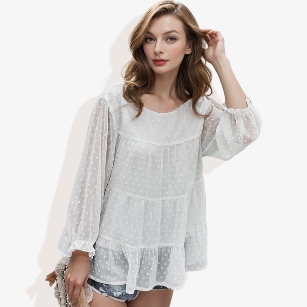 Long Sleeve Swiss Dot Peplum Top with Sheer Sleeves and Tiered Ruffle Detail Casual Blouse