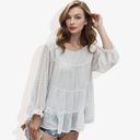 White Large Long Sleeve Swiss Dot Peplum Top with Sheer Sleeves and Tiered Ruffle Detail Casual Blouse