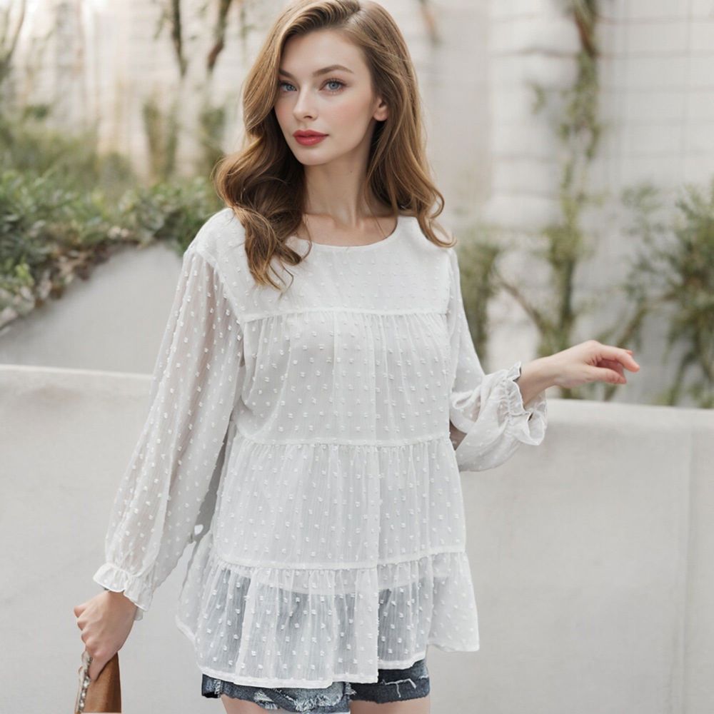 Long Sleeve Swiss Dot Peplum Top with Sheer Sleeves and Tiered Ruffle Detail Casual Blouse