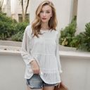 White Large Long Sleeve Swiss Dot Peplum Top with Sheer Sleeves and Tiered Ruffle Detail Casual Blouse