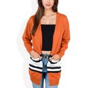  Open Front Striped Pocket Long Sleeve Cardigan Cozy Knit Casual Layering Essential