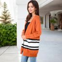  Open Front Striped Pocket Long Sleeve Cardigan Cozy Knit Casual Layering Essential