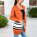 Orange Large Open Front Striped Pocket Long Sleeve Cardigan Cozy Knit Casual Layering Essential