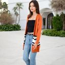 Orange Large Open Front Striped Pocket Long Sleeve Cardigan Cozy Knit Casual Layering Essential