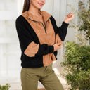 Brown Large Colorblock Fleece Quarter-Zip Pullover with Front Pockets