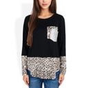  Long Sleeve Leopard Print Color Block Top with Sequin Pocket Detail